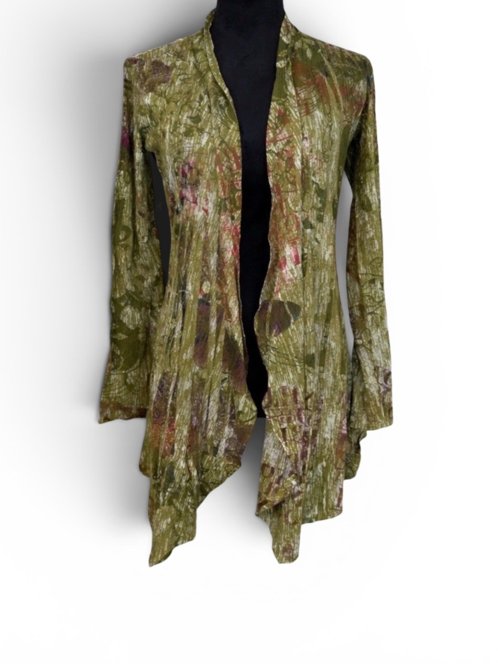 Art to Wear Olive Green Open Front Cardigan M Jacket Boho Lightweight Drape Top